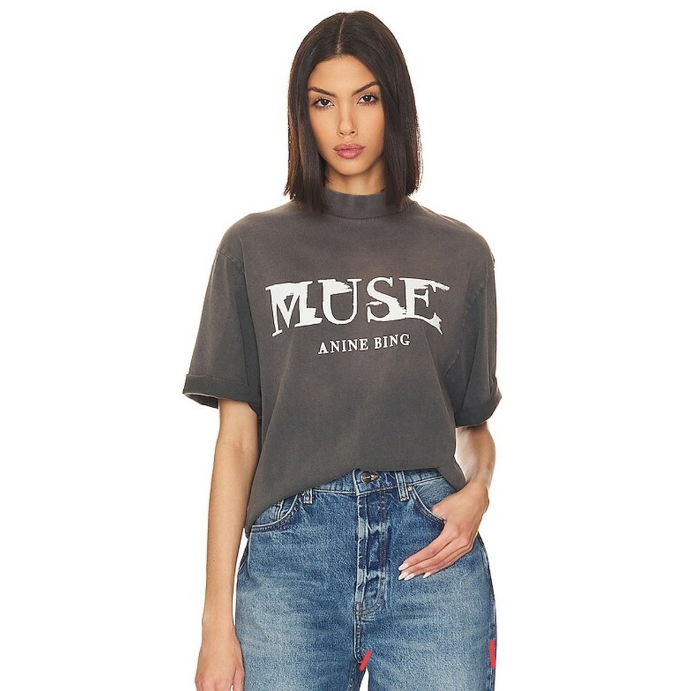 Anine Bing Charcoal 'MUSE' Graphic Tunic Tee in White Logo